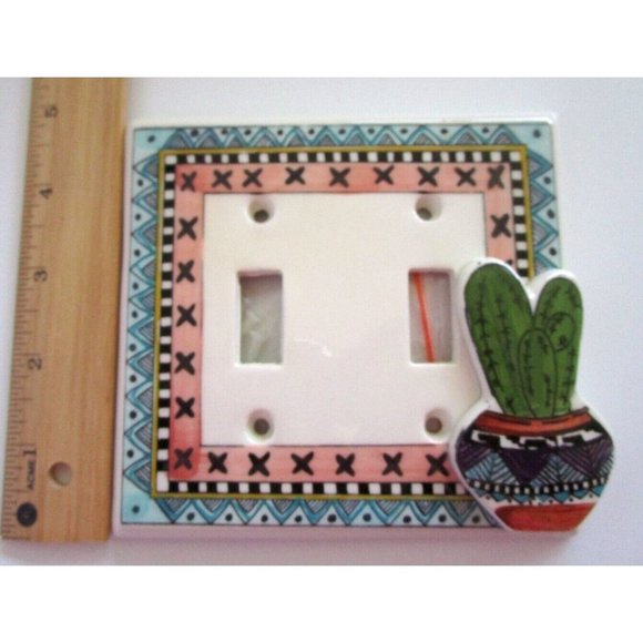 All Fired Up Handpainted Ceramic Double Electrical Outlet Switch Plate - Cactus - Picture 13 of 13